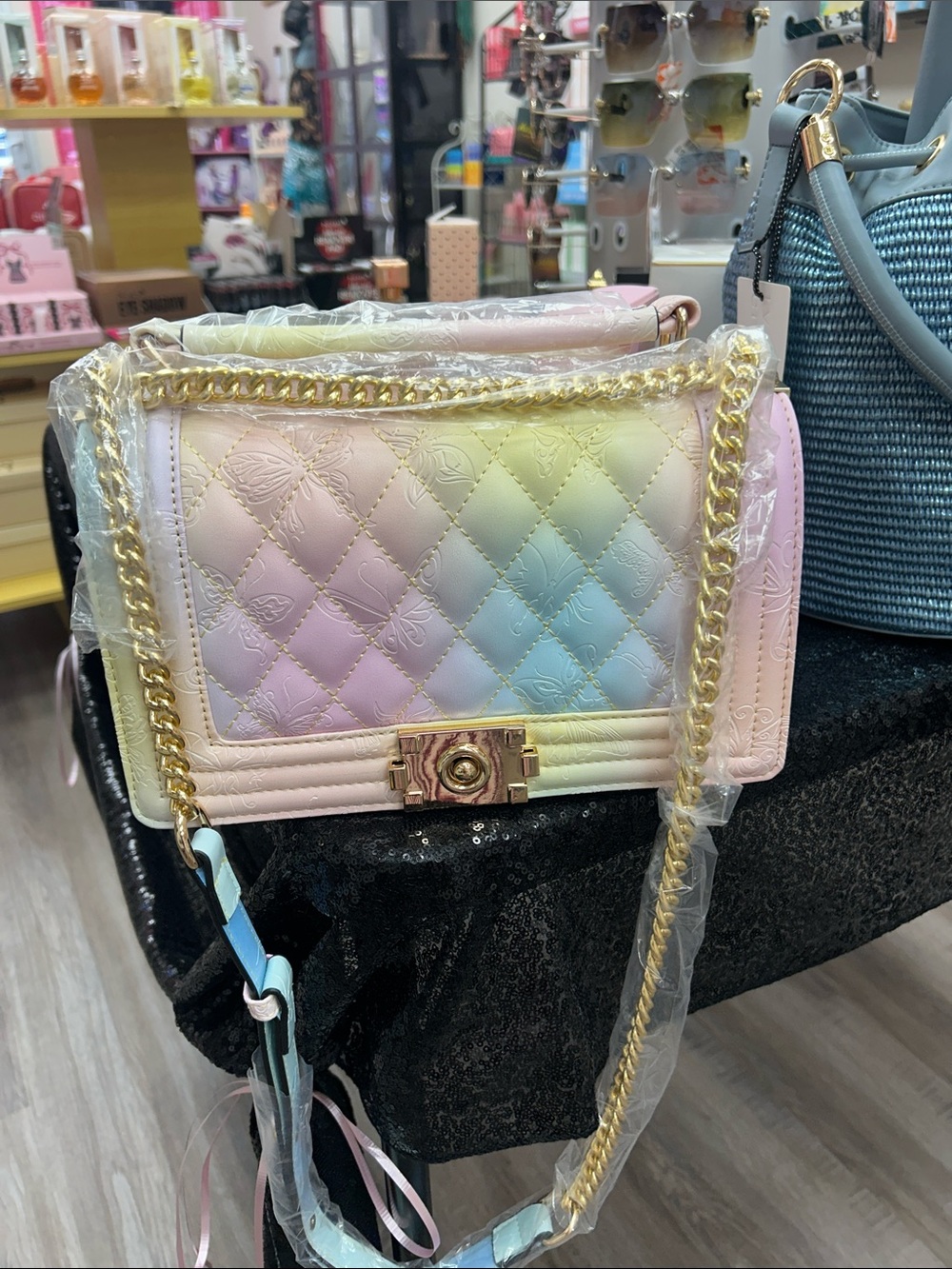 Pastel Gradient Quilted Shoulder Bag with Gold Chain